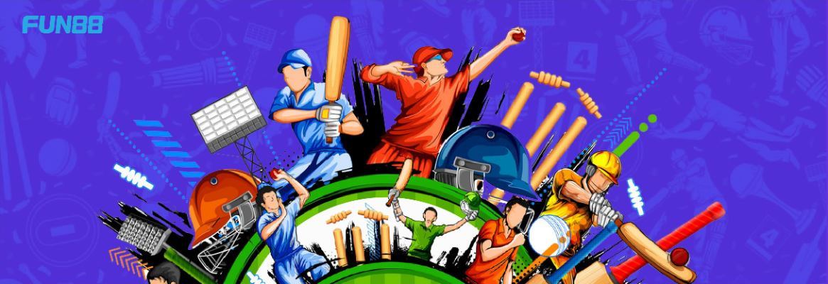 collage of cricket players and cricket accessories with blue background