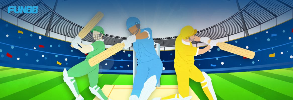 three players in a batting position with a multicolor background and fun88 logo