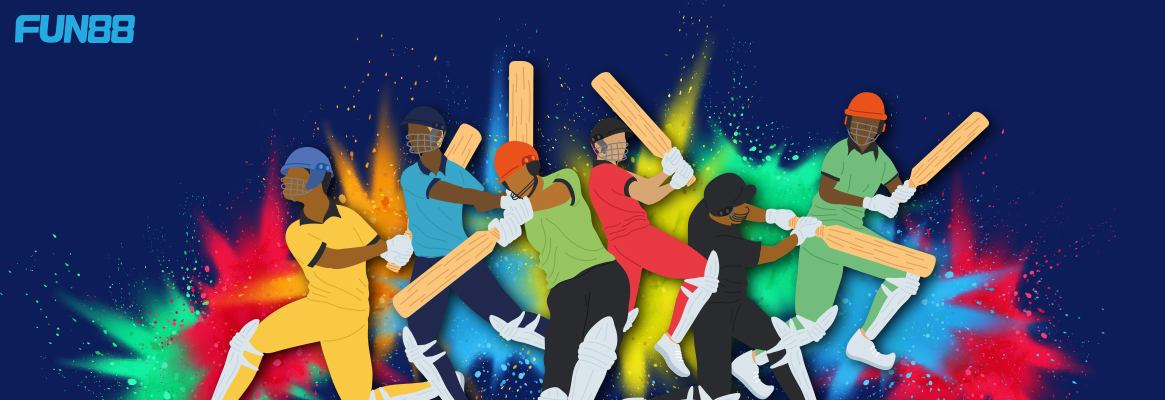 six players in a batting position with colorful blast and blue background