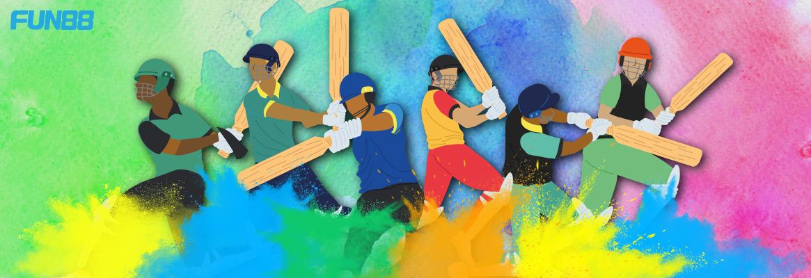 six players in a batting position with colorful blast and blue background