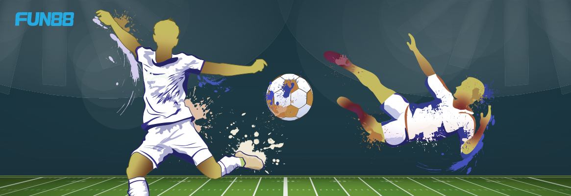 two football players in action shooting a ball on a mix background with fun88 logo