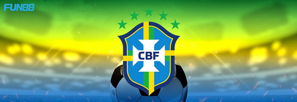 brazil football team logo on a green, yellow and blue background with fun88 logo