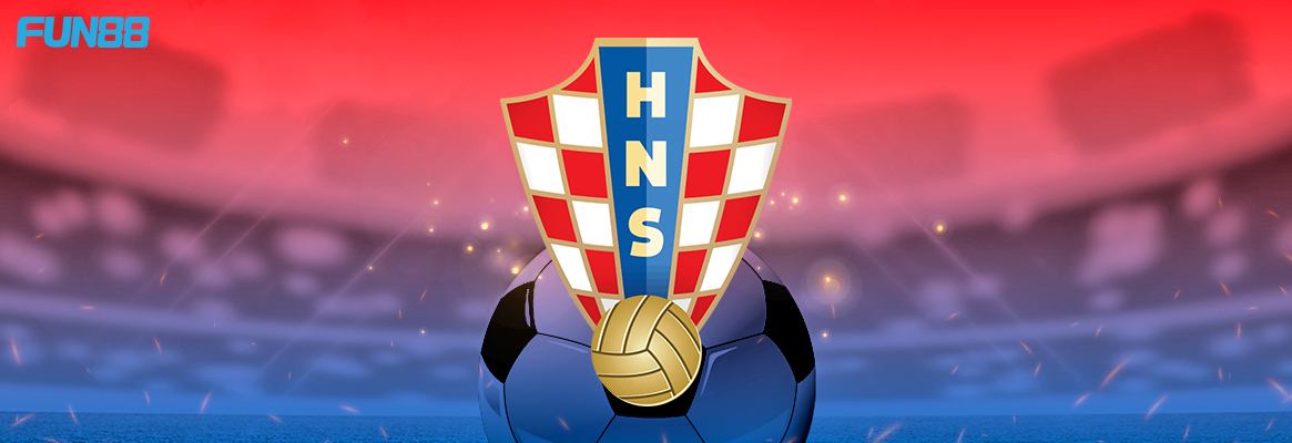 croatia football team logo on a blue and red background with fun88 logo