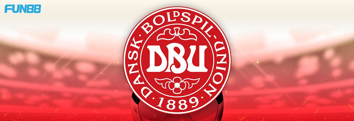 denmark football team logo on a white and red background with fun88 logo