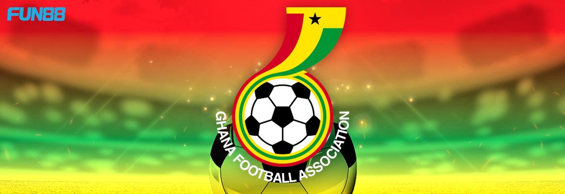 ghana football team logo on a red, green and yellow background with fun88 logo