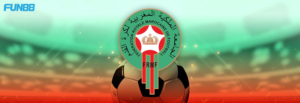 morocco football team logo on a green and red background with fun88 logo