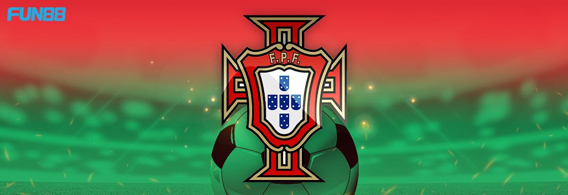 portugal football team logo on a green and red background with fun88 logo