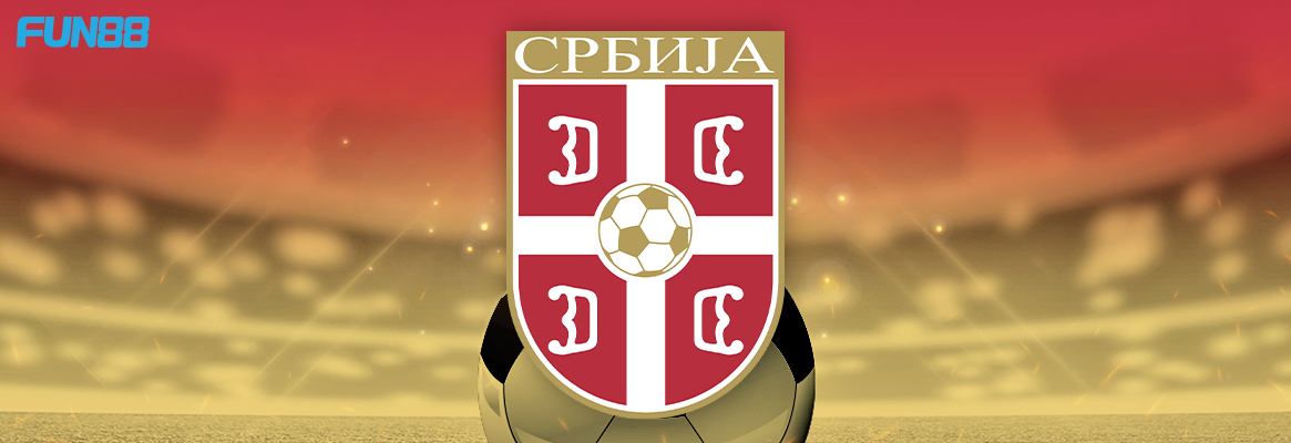 serbia football team logo on a red and beige background with fun88 logo