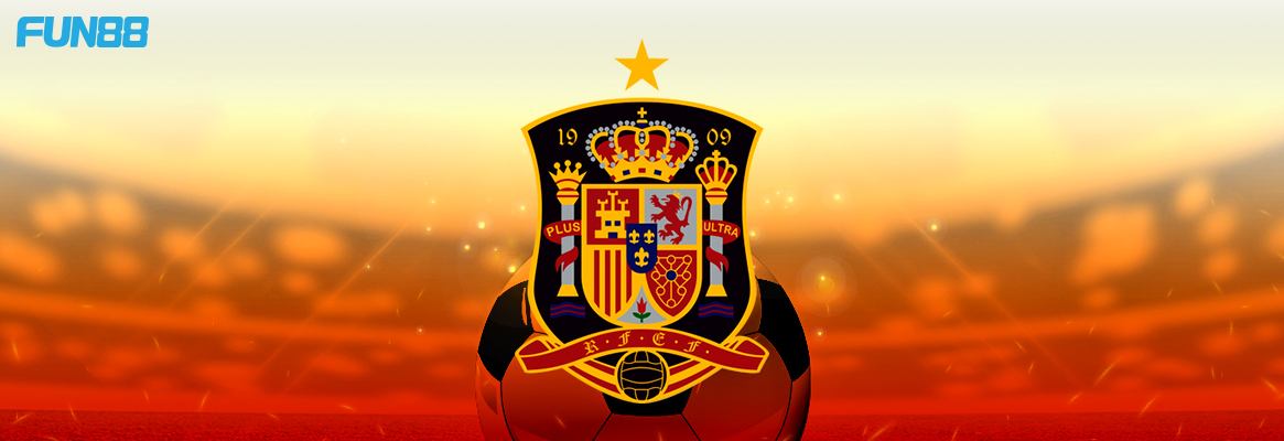 spain football team logo on a beige and red background with fun88 logo