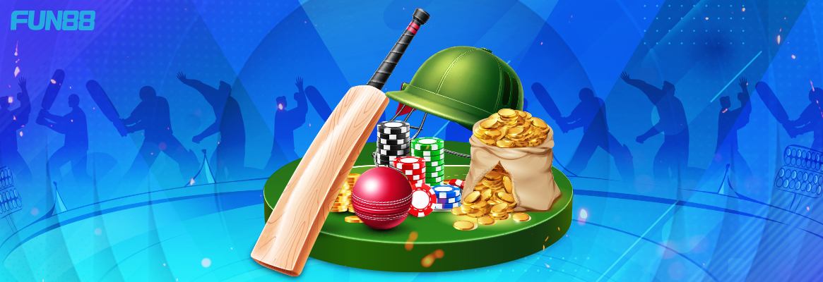 cricket bat, ball & helmet, casino chips & coins being displayed on a board with the players action in blue background