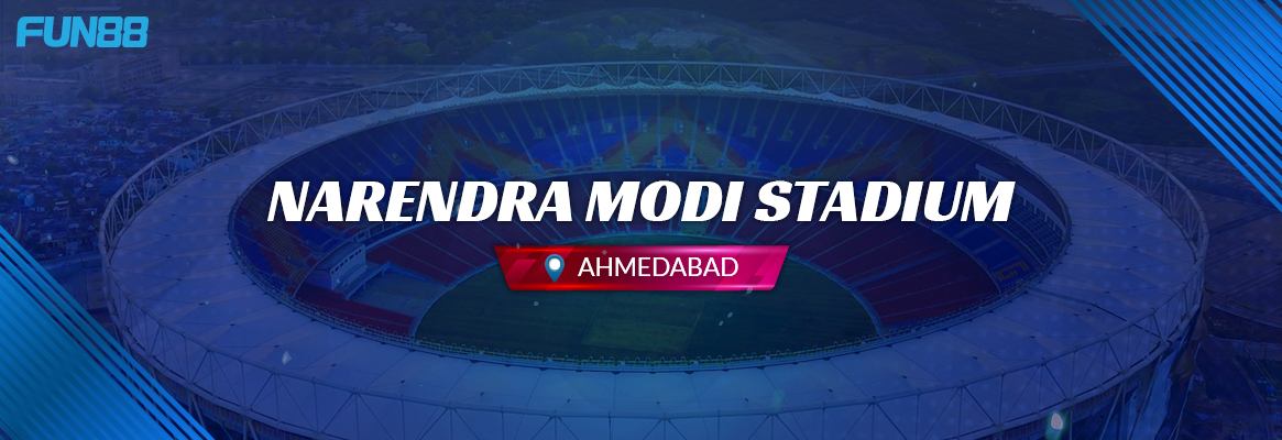 narendra modi stadium image in a blue shade with the fun88 logo on the top left